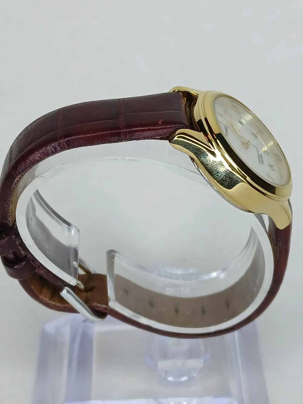 Timex Indiglo Womens Gold Tone MOP Dial Date Brown Leather Band Watch WR 30m